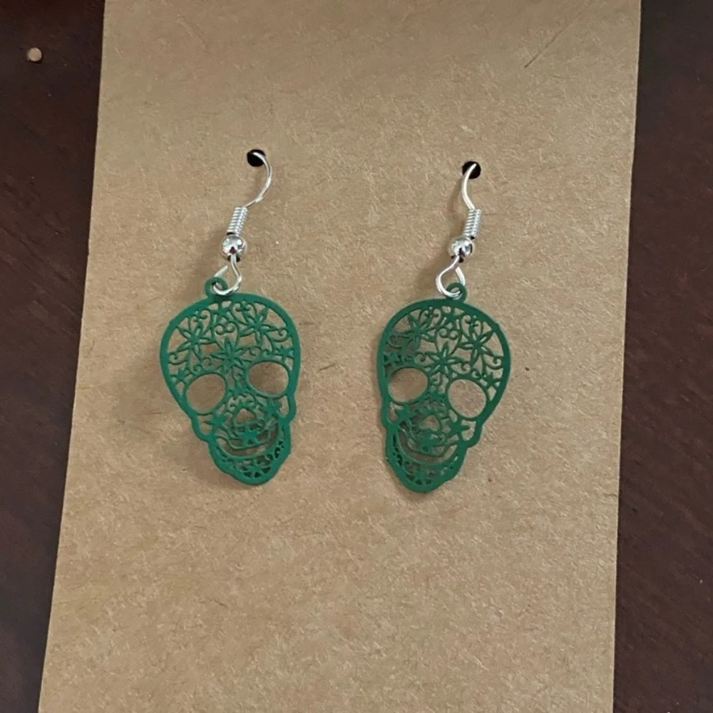 Green Sugar Skull Dangle Earrings